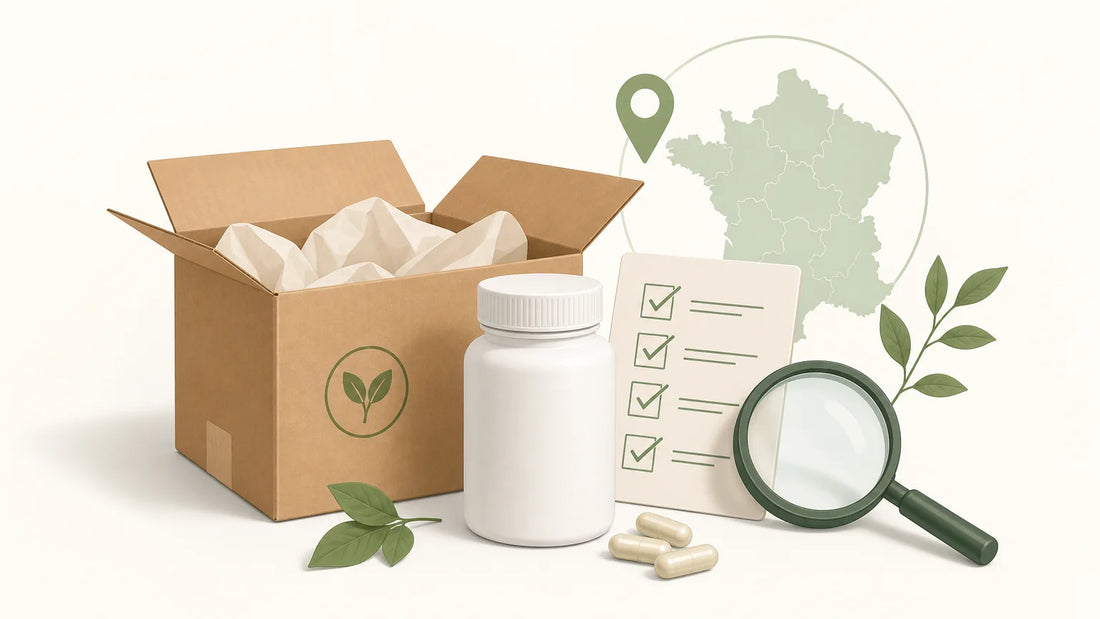 Illustration éditoriale d’un colis et d’un flacon générique de complément alimentaire, avec une loupe évoquant la traçabilité et le contrôle qualité en France
